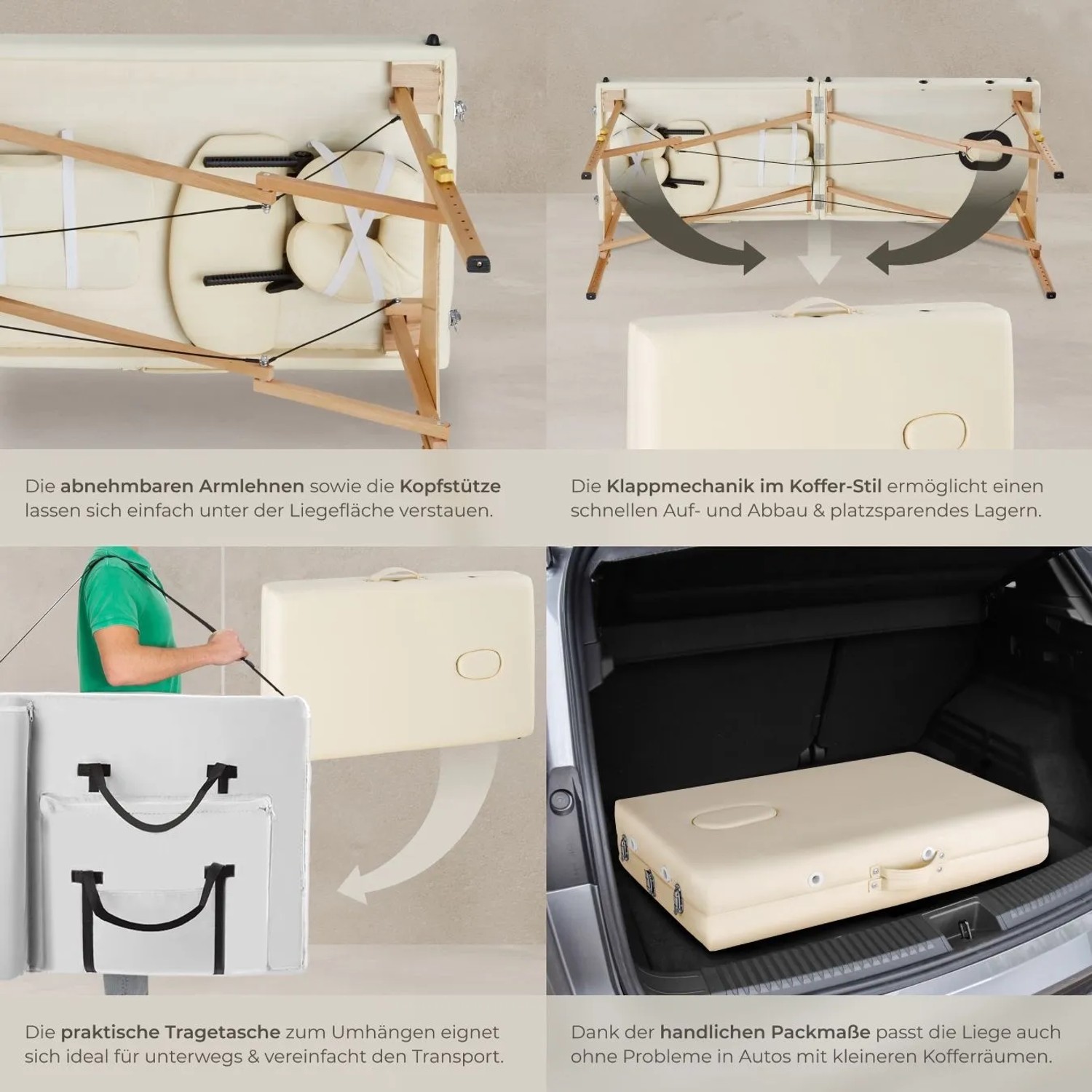 Tectake Massageliege Set, beige, mit Zubehör und Tragetasche. Zusammengeklappt und aufgebaut dargestellt.