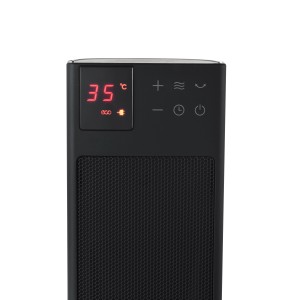 Detailansicht des schwarzen Midea Turmheizlüfters mit digitalem Display und Touch-Steuerung.