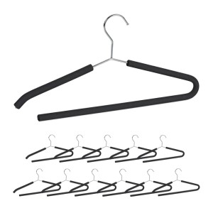 12 schwarze, rutschfeste Kleiderbügel aus Metall mit Schaumstoffbezug und Hosensteg für Hemden, Hosen und Kleider.