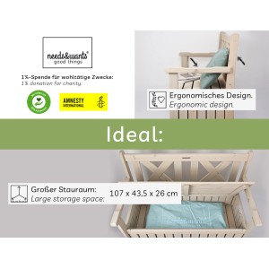 Gartenbank Chesty4 mit Truhe von needs&wants aus lasiertem Tannenholz, Stauraum geöffnet.