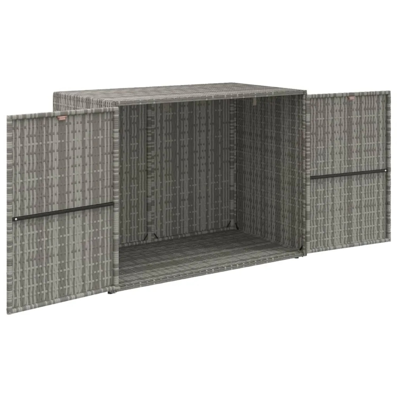 Grauer vidaXL Gartenschrank (100x55,5x80 cm) aus Poly Rattan mit offenen Türen.