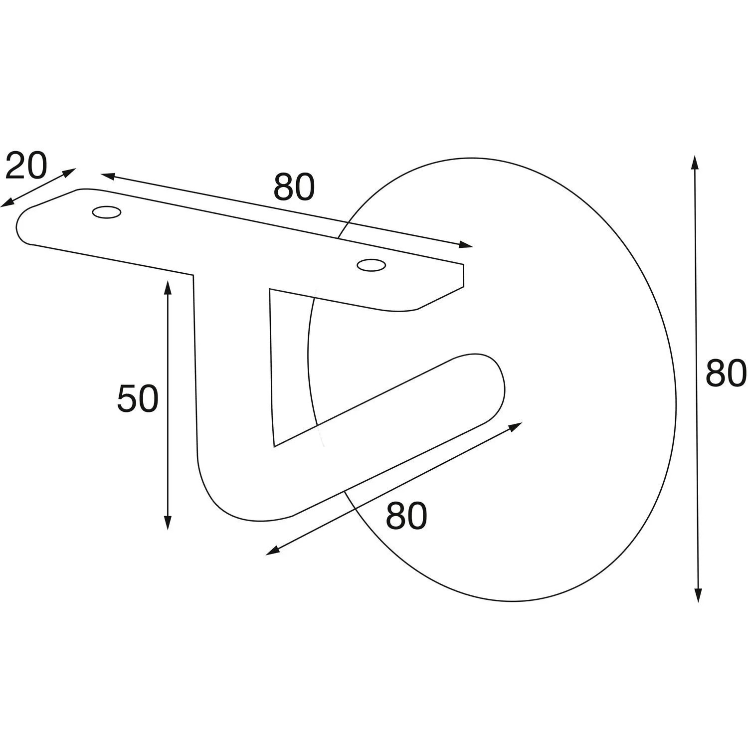 Technisches Diagramm: SCHÖSSWENDER Handlaufträger, rund, weiß beschichtet, 80 mm Wandabstand, mit Maßen.