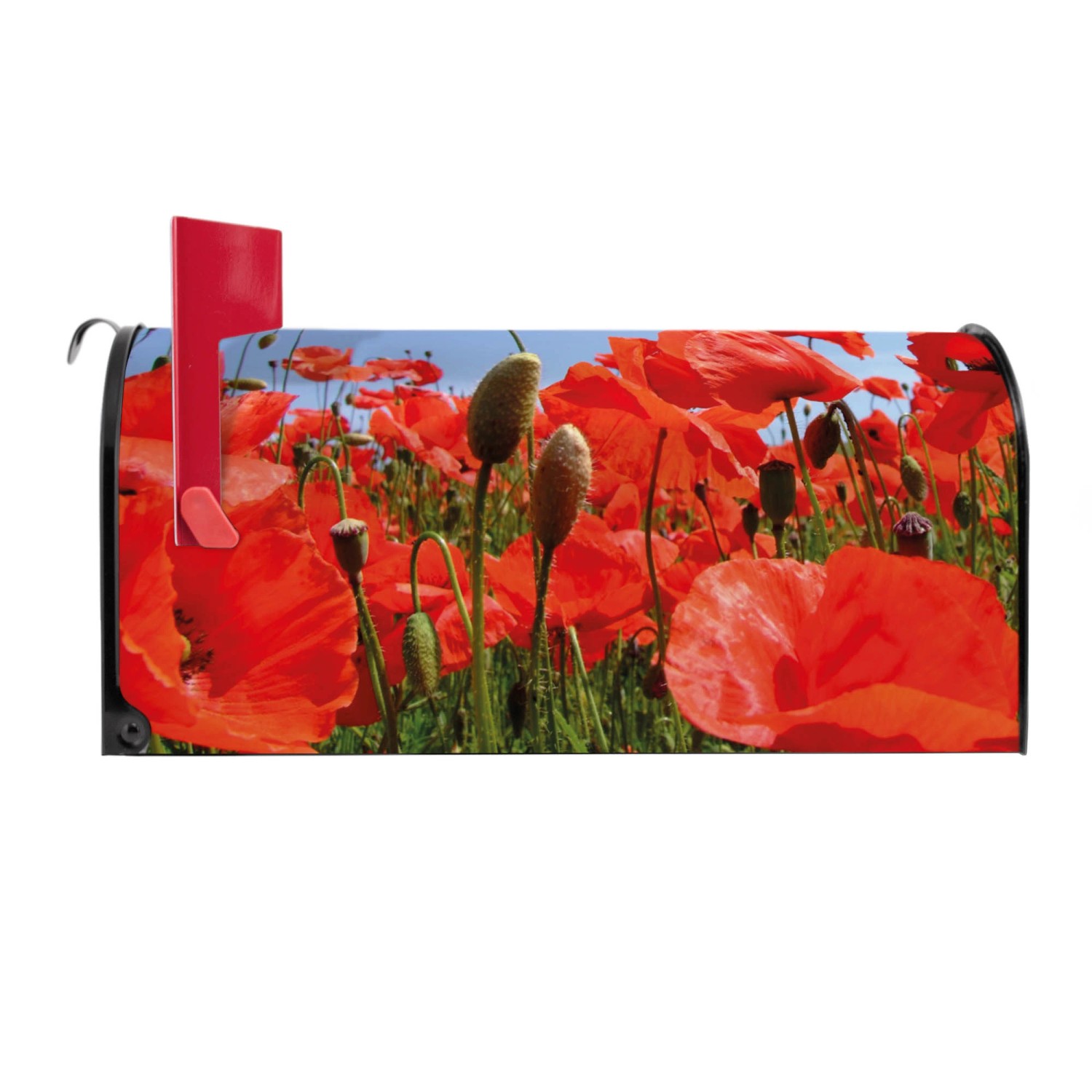 Schwarzer US Briefkasten mit Mohnblumen Motiv. Stahl, pulverbeschichtet, mit roter Fahne.