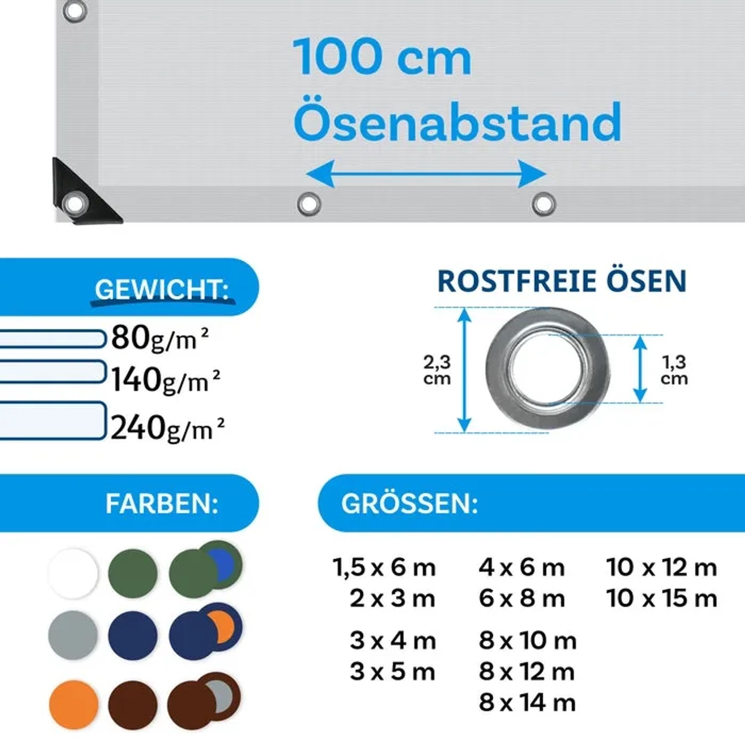 Detailansicht Karat Abdeckplane 140 g/m², 10x15m, weiße Schutzplane mit Ösen, Größen, Gewichte und Farben.