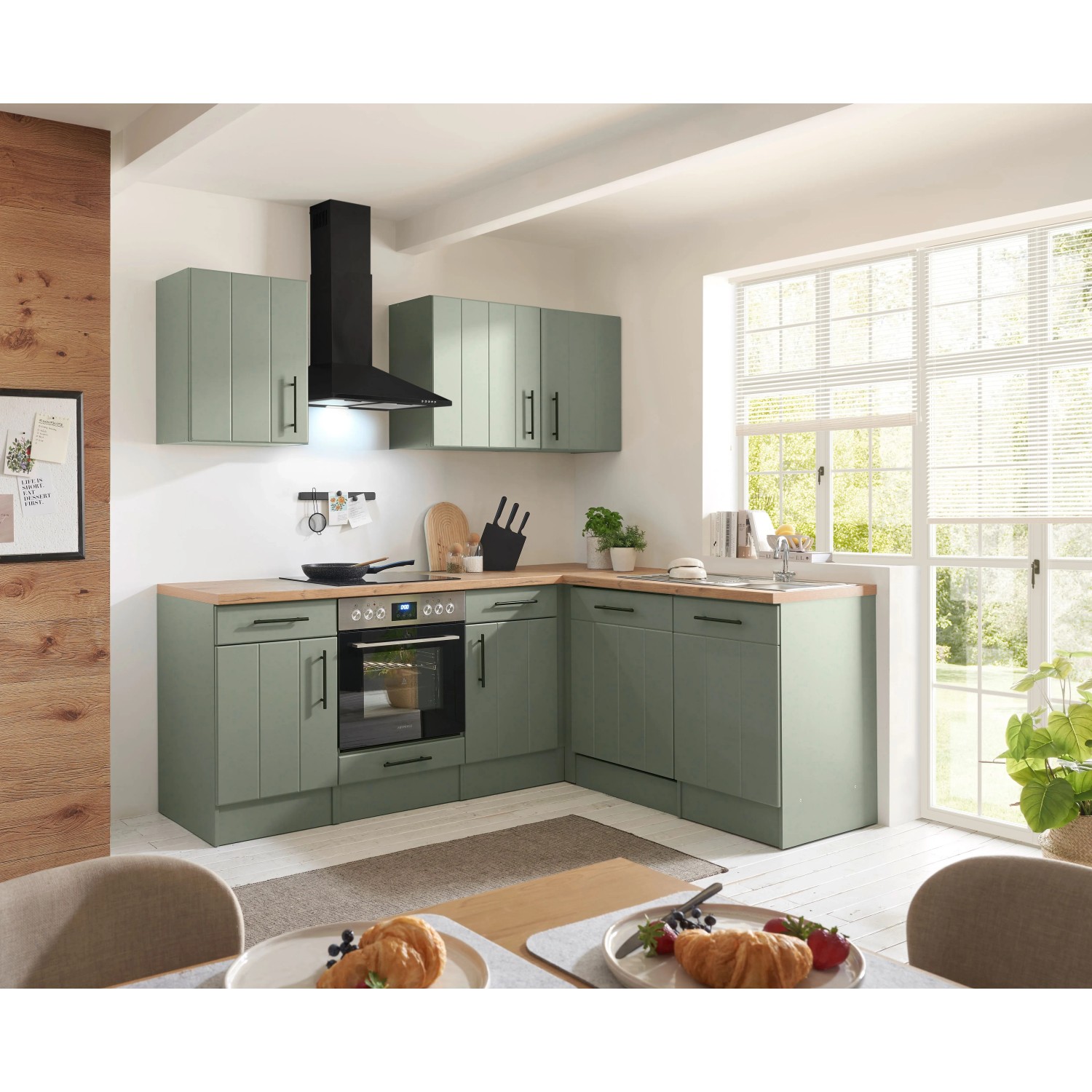 Respekta Winkelküche Anton Landhaus Schilfgrün 220 cm mit Einbau Herd-Set