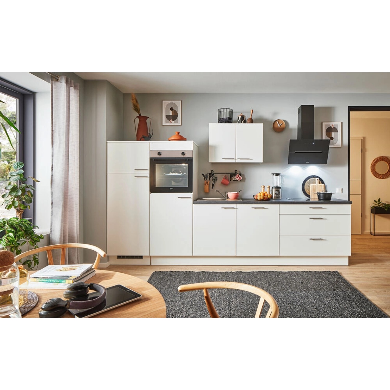 pino Küchenzeile 330 cm Weiß Anschlag,inks 2 Geräteschränke