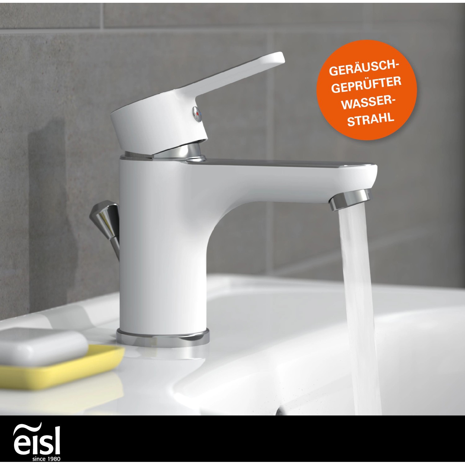 Eisl DIZIANI Waschtischarmatur in Weiß-Chrom mit laufendem Wasser.