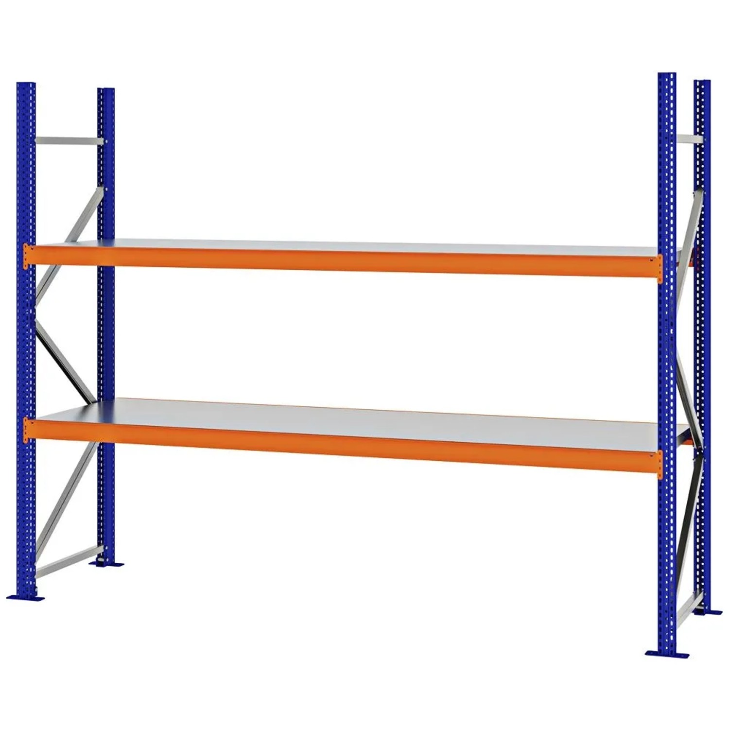 PROREGAL Weitspannregal Schraub-Stecksystem MAGNUS PRO Made In Germany Grundregal 200x250x60cm 2 Ebenen Stahlböden Fachlast 430kg Blau/Orange