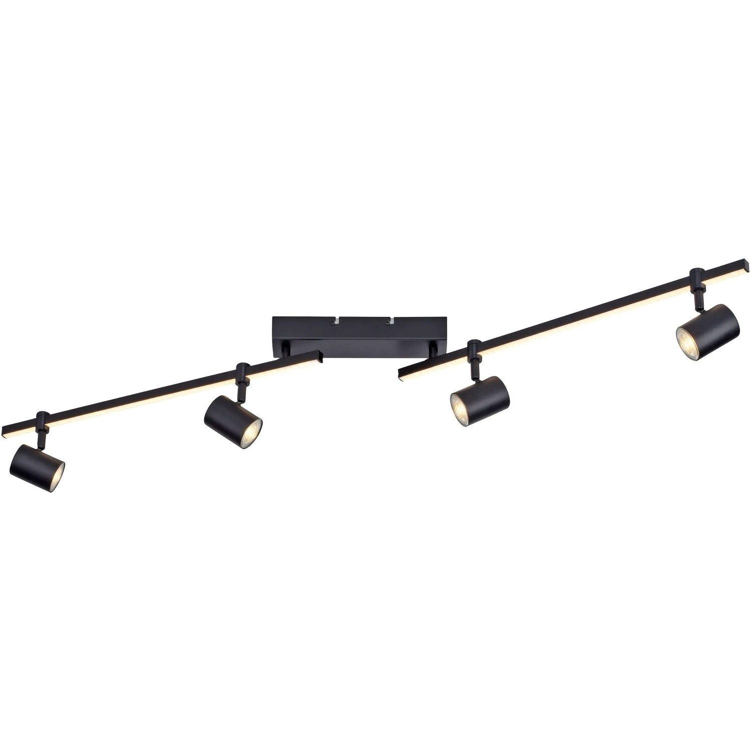 Schwarze Paul Neuhaus LED-Deckenleuchte Barik mit 4 schwenkbaren Spots und LED-Leiste.