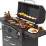 Schwarzer El Fuego Holzkohlegrill Grand Ontario mit Grillgut, Getränk und Saucen.