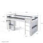 Weißes Homestyle4u Hochbett 90x200 mit Schreibtisch und Leiter, seitliche Regale. Detailansicht mit Maßen.