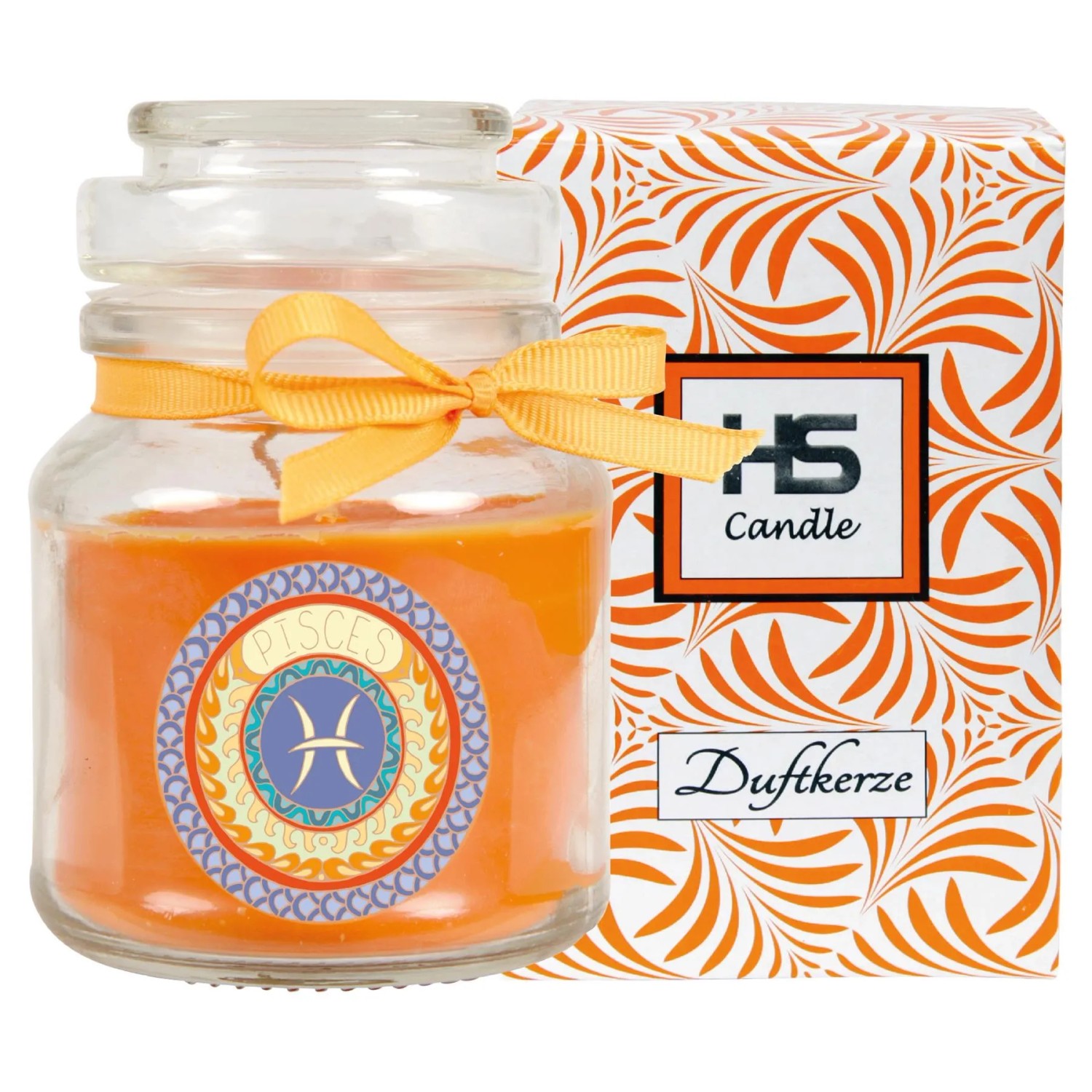 HS Candle Duftkerze Sternzeichen Fische im Glas mit Schleife und Honigmelonen Duft.