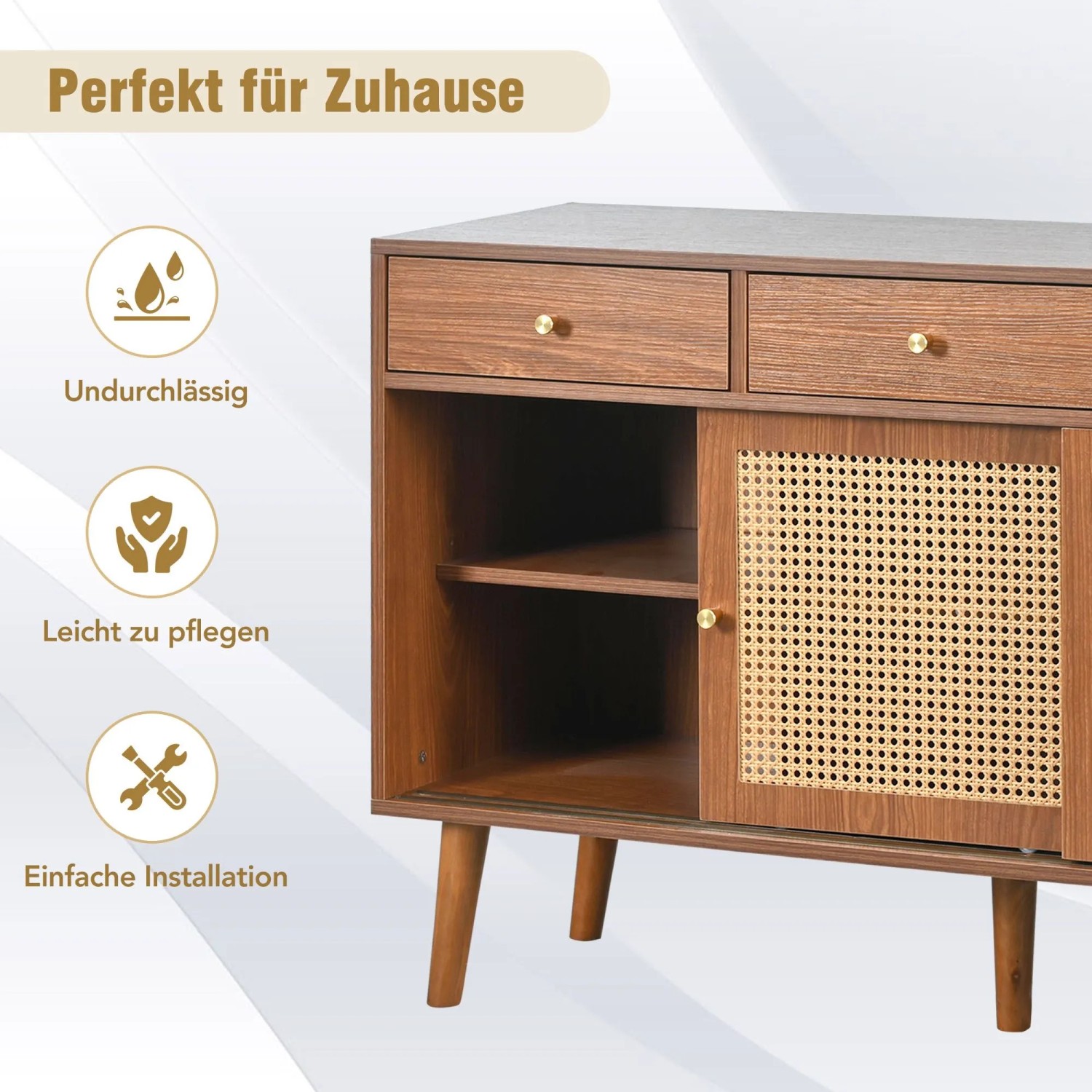 Merax Sideboard 120x40x78 cm Nussbaum Rattan 3 Schubladen 3 Schiebetüren_5