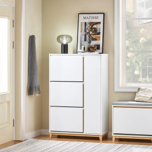 Weißer SoBuy Schuhschrank FSR189-WN mit 3 Klappen und Schuhregal aus Holz, 80x122x34cm.