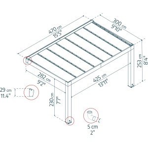 Technische Zeichnung der braunen Palram Helsinki Terrassenüberdachung (470x294cm) mit Maßangaben.