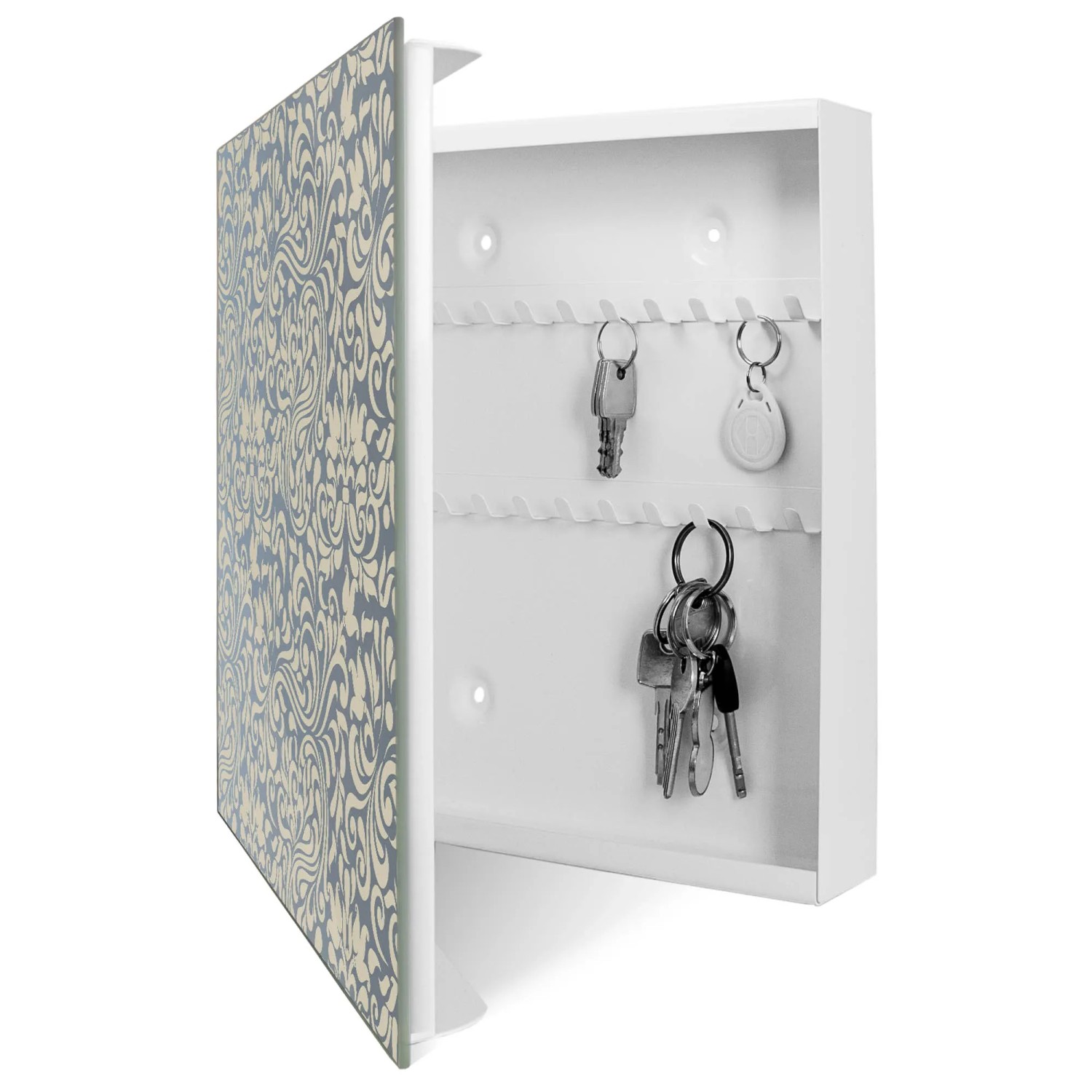 Offener, weißer Banjado Schlüsselkasten mit blauem Ornament, 50 Haken und Schlüsseln.