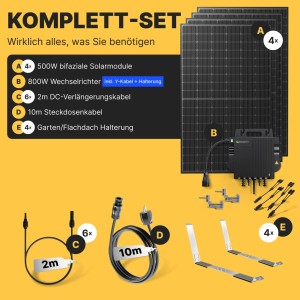 Solakon Balkonkraftwerk 2000W Solaranlage mit Gartenhalterung Steckerfertig Komplettset Photovoltaik 800W Kabellänge 10m