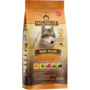 Wolfsblut Wide Plain Large Breed Trockenfutter, 12,5kg Sack mit Wolfs-Motiv. Pferdefleisch & Süßkartoffel.
