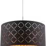 Moderne Globo Pendelleuchte CLARKE in Nickel matt mit schwarzem, goldfarbenem Textilschirm und Dekorstanzungen.