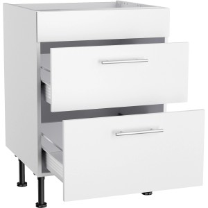 Weißer Optifit Unterschrank Bengt932 für Kochfeld, 60 cm breit, mit zwei Auszügen und Edelstahlgriffen.