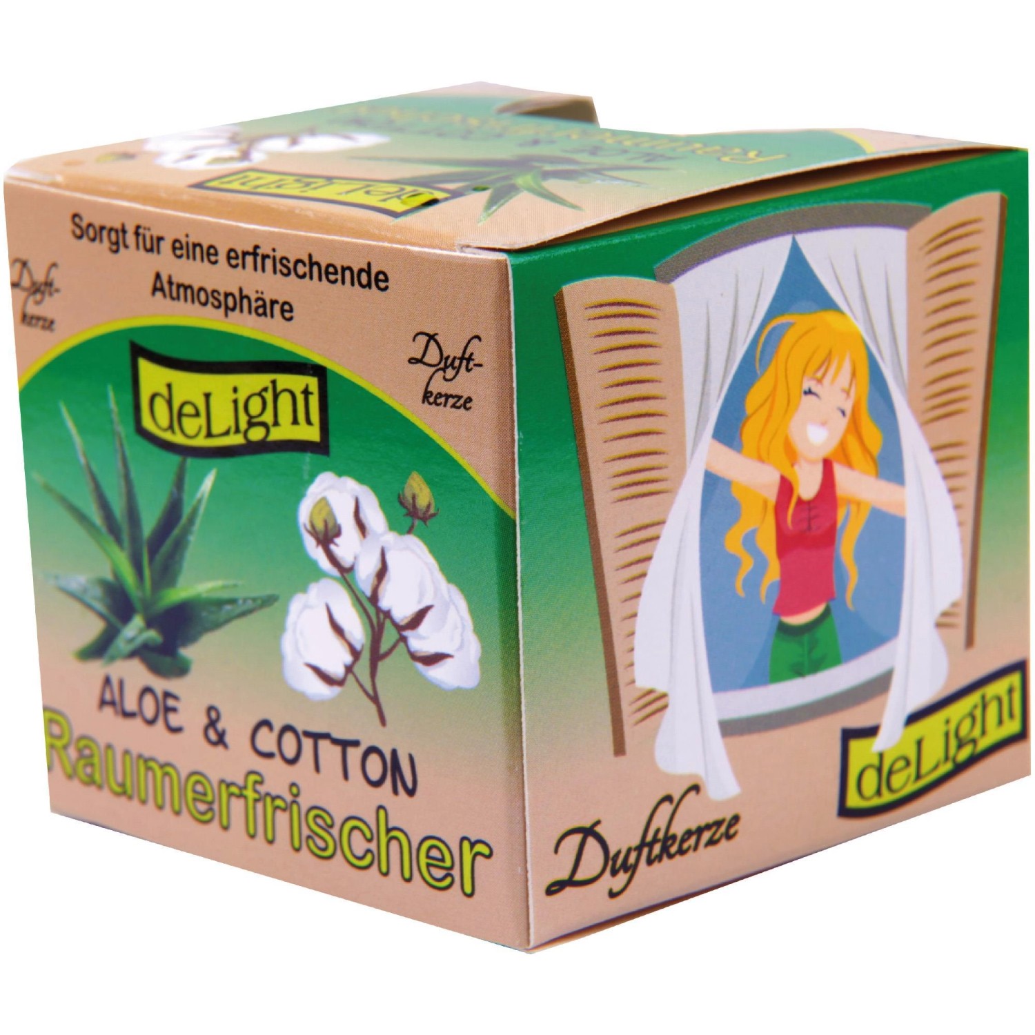 Verpackung der HS Candle Duftkerze Aloe Cotton 6er-Pack. Raumerfrischer mit Aloe Vera und Baumwoll Duft.