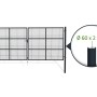 Graues Casanoov Schwingtor Olga, 4 m breit, mit Gitter und Detailaufnahme Pfosten (Ø60x2mm).