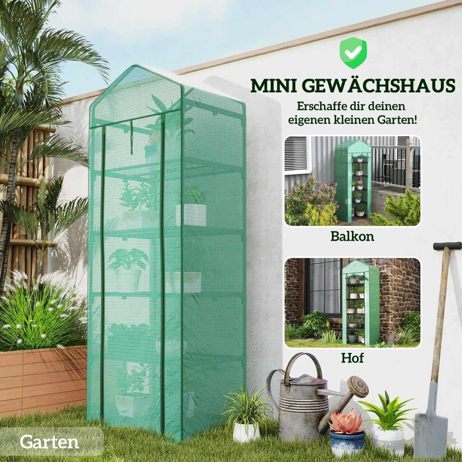 Outsunny Foliengewächshaus grün, mit 5 Ebenen für Pflanzen, ideal für Garten, Balkon, Hof.