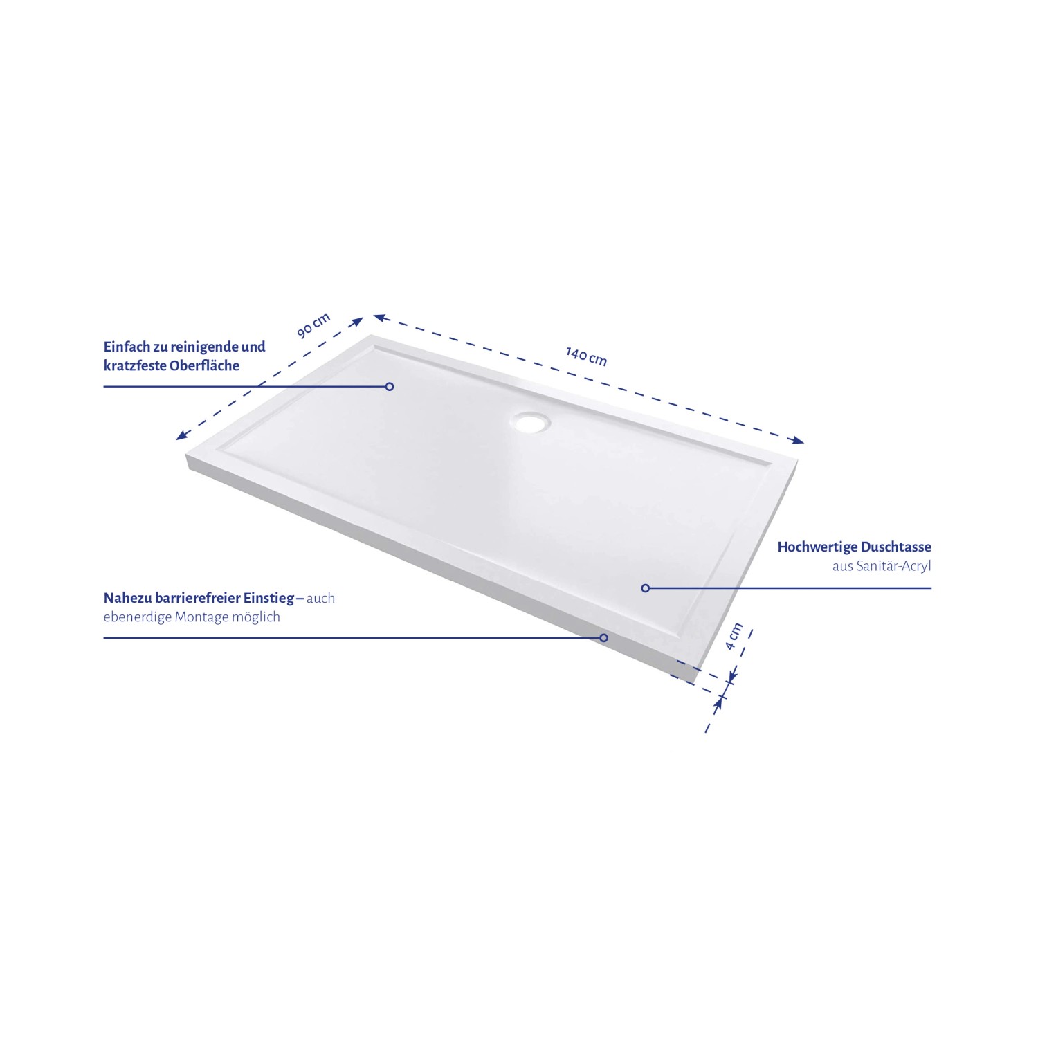 Weiße Aurlane Duschtasse Pure, 140x90 cm, aus Acryl für barrierefreien Zugang.