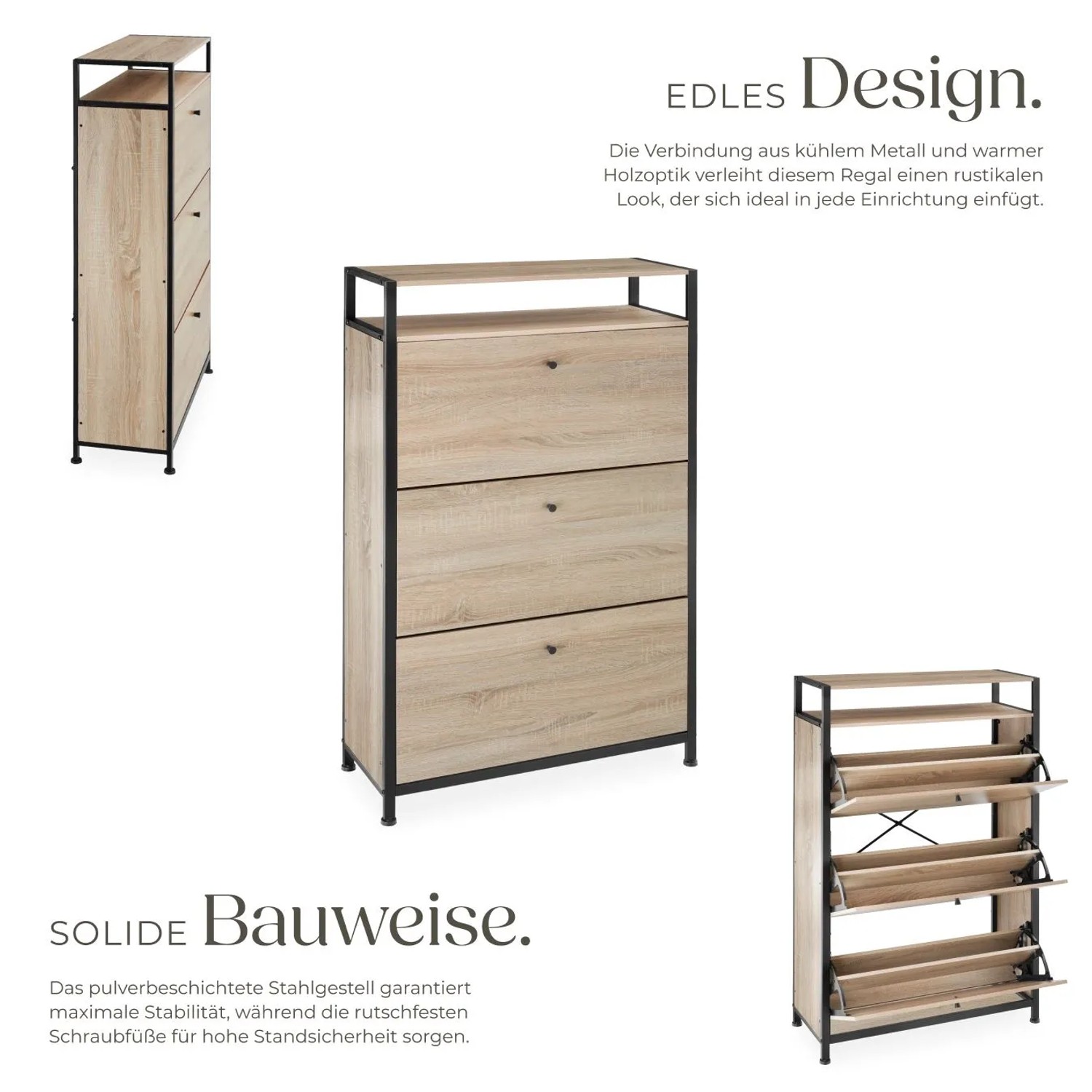 Tectake Schuhschrank Buffalo im Industrial Style mit Holz- und Stahl-Elementen in Eiche Sonoma.