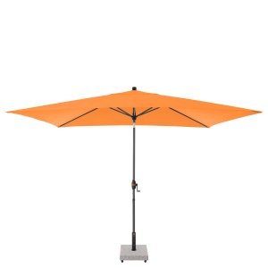 Orangefarbener Doppler Mittelmastschirm 300x200 cm mit Auto-Tilt Funktion und Aluminiumgestell.