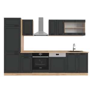Moderne Küchenzeile in Anthrazit/Goldkraft Eiche, 300 cm breit, Landhausstil. Küchenblock ohne Arbeitsplatte.