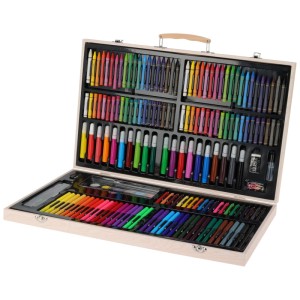 180-teiliges Malen- und Zeichen-Set in Holzbox mit Stiften, Farben und Zubehör.
