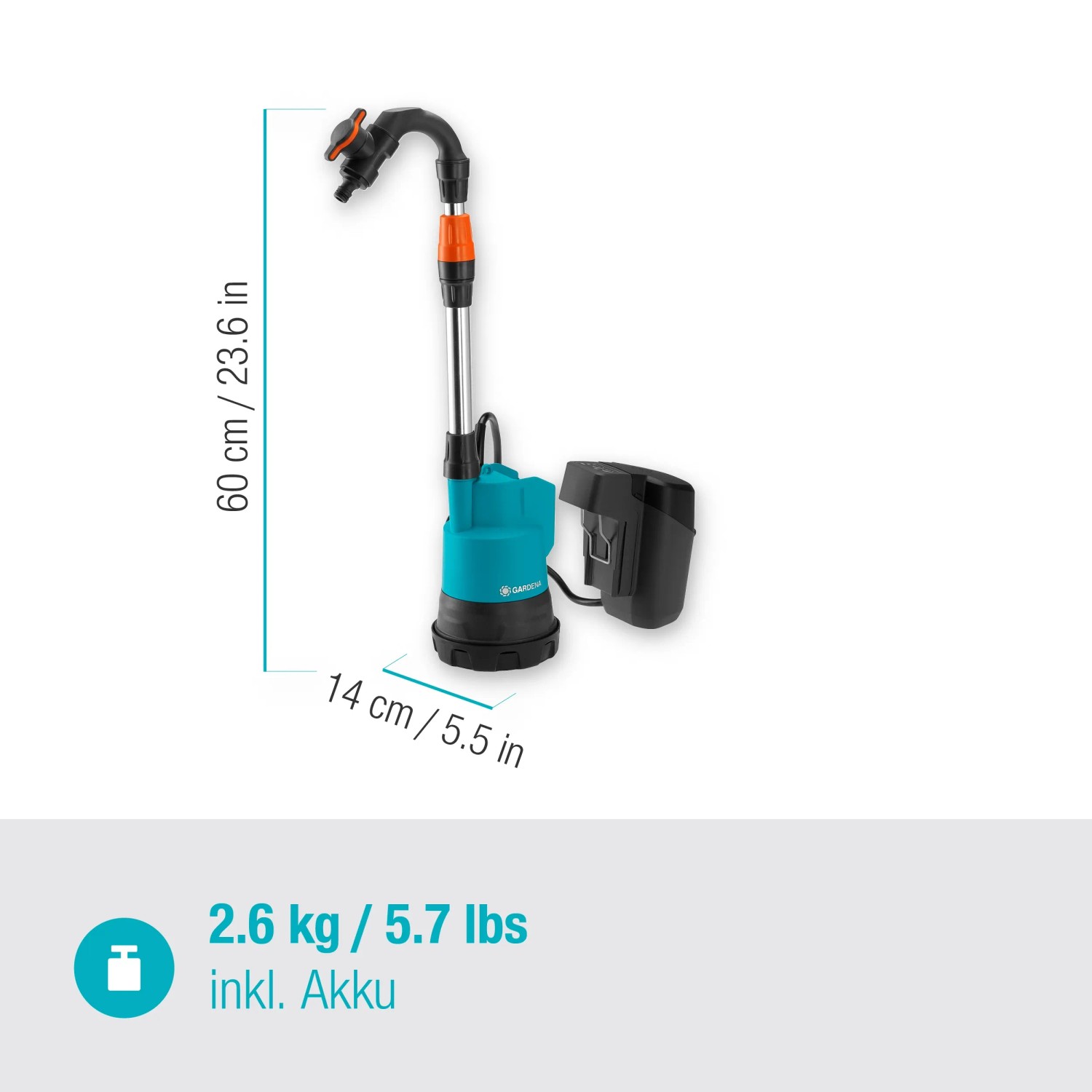 Gardena Akku-Regenfasspumpe 2000/2 mit Akku und Ladegerät. Gartenpumpe in Türkis und Schwarz.