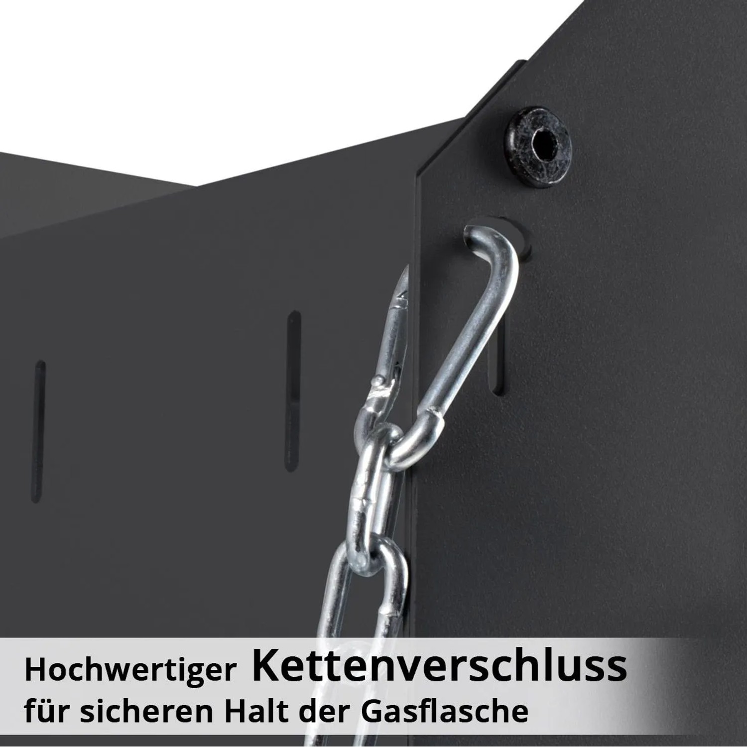 Detailaufnahme: Kette zur Gasflaschen-Sicherung am STAHLWERK Schweißwagen. Werkstatteinrichtung.