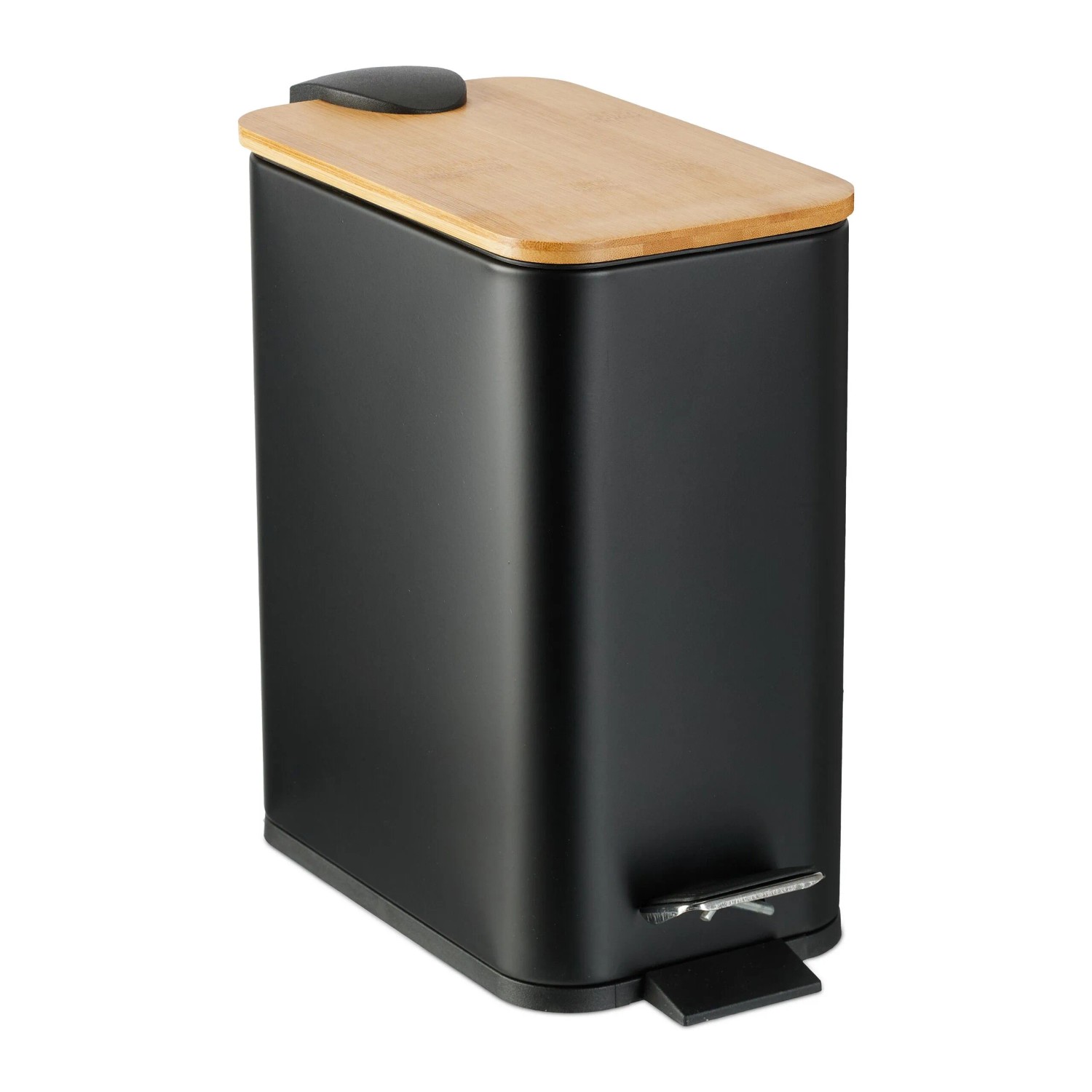 Relaxdays Treteimer Eisen Bambus Schwarz Rutschfest 5, 28,5 x 14,5 x 27 cm