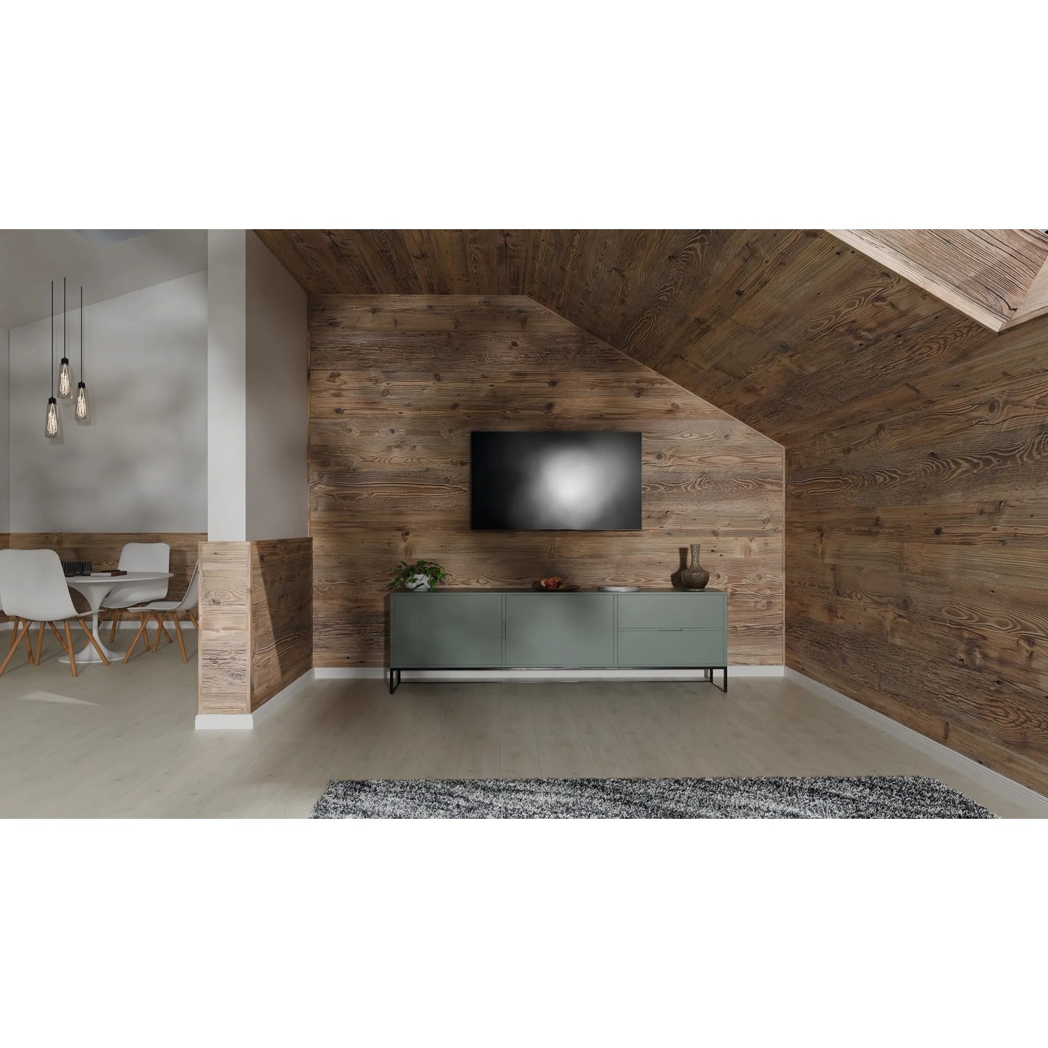 Wohnraum mit Egger Faltleiste Decowall FL001 Namur in Fichte Natur als Wandverkleidung.