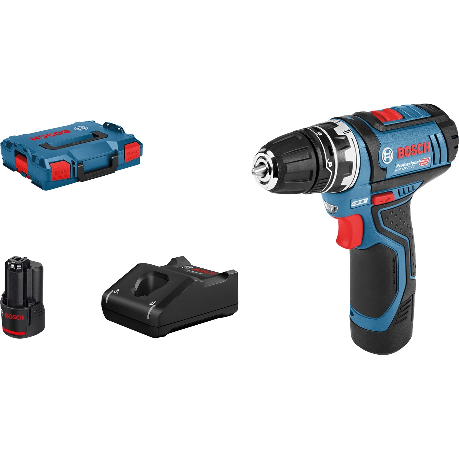 Bosch Professional Akku-Bohrschrauber GSR 12V-15 FC mit 2x2Ah, Aufsatz in L-Boxx