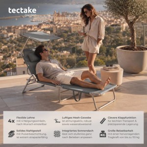 Tectake 2Er Set Sonnenliege Chloé Klappbar Stufenlos Verstellbares Sonnendach  190 x 68 x 65 cm Grau