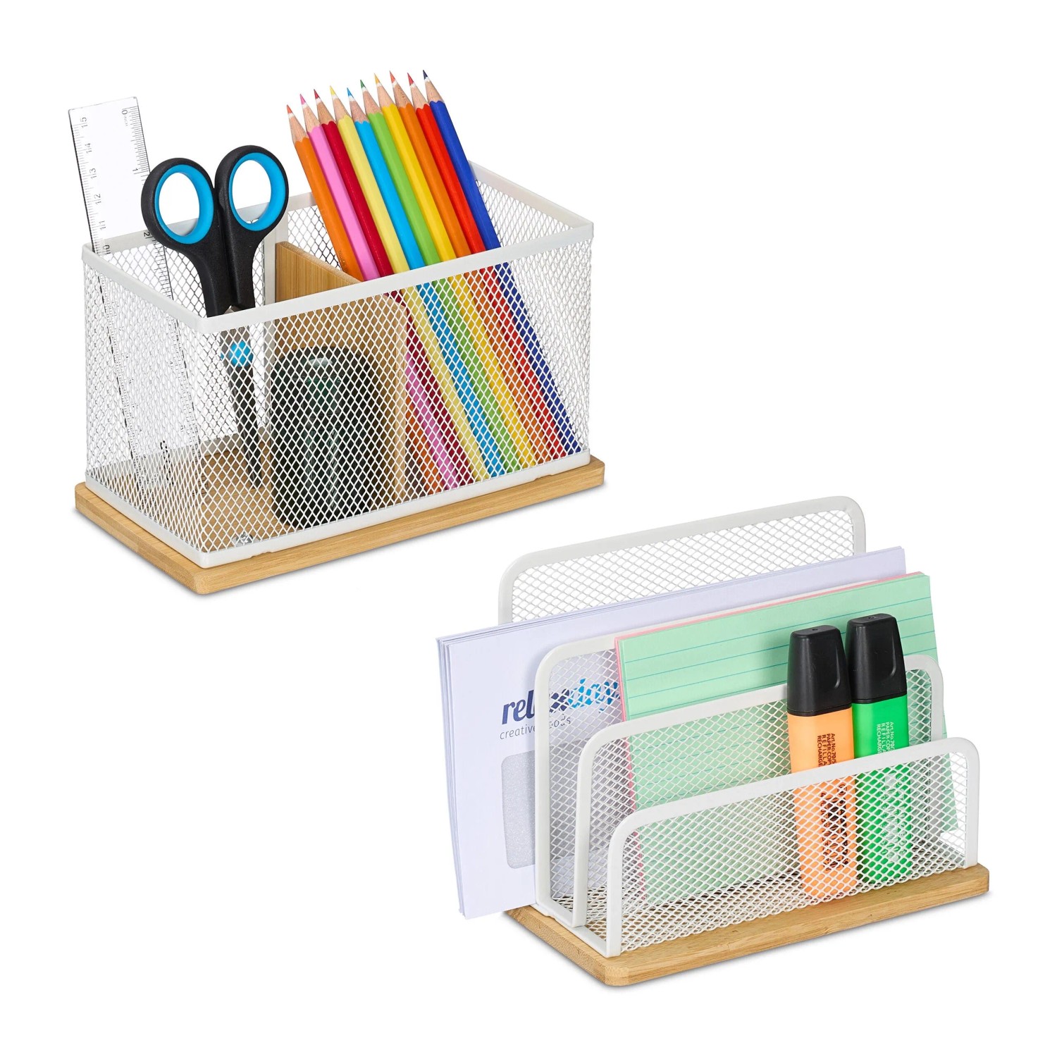 Relaxdays Schreibtisch Organizer Set Eisen Bambus Weiß Natur Zweiteilig 14,5 cm x 18 cm x 10 cm 260 g 11 cm x 19 cm x 10 cm 240 g