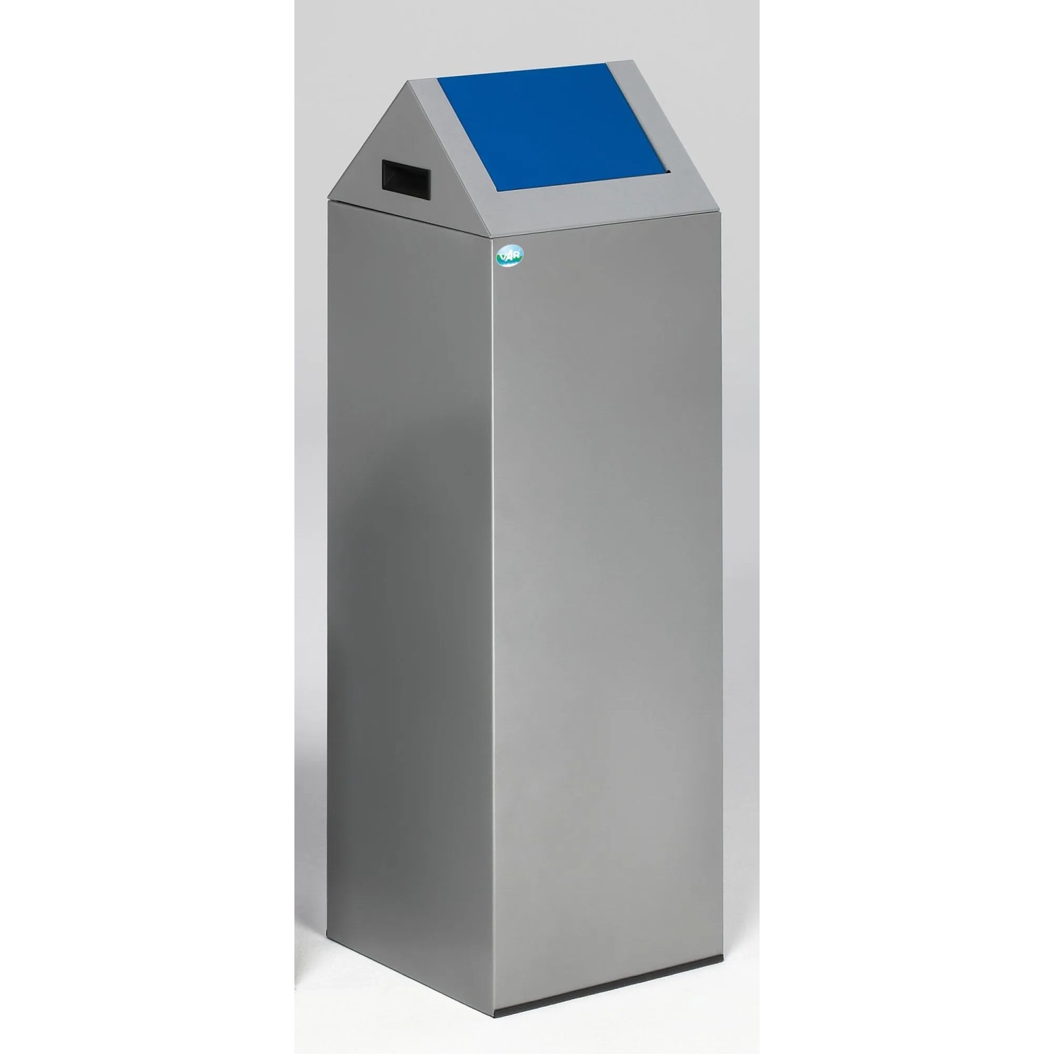 PROREGAL Selbstlöschender Wertstoffsammler Spitz Mit Einwurfklappe 89 Liter HxBxT 104,5 x 32 x 32 cm Verzinkter Stahl Silber Blau