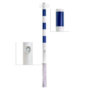 UvV Skive Absperrpfosten, Ø60mm, 900mm, feuerverzinkt, weiße Beschichtung, blaue Folie, 2 Ösen.