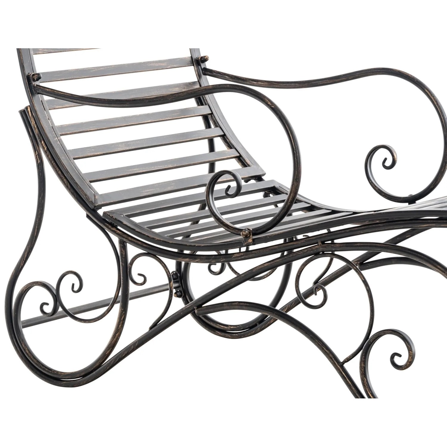 Bronzefarbene CLP Gartenliege Amiens aus Metall. Geschwungene Armlehnen und Lattenrost im Antik-Look.