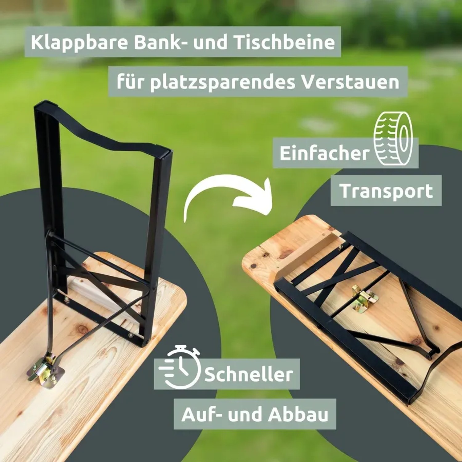 Bierzeltgarnitur: Klappmechanismus für platzsparende Lagerung und einfachen Transport.