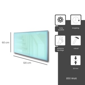 Weiße Fenix Infrarotheizung ECOSUN Glasheizung (120x60cm) mit Rahmen. Elektrische Heizung für Wand- oder Deckenmontage.