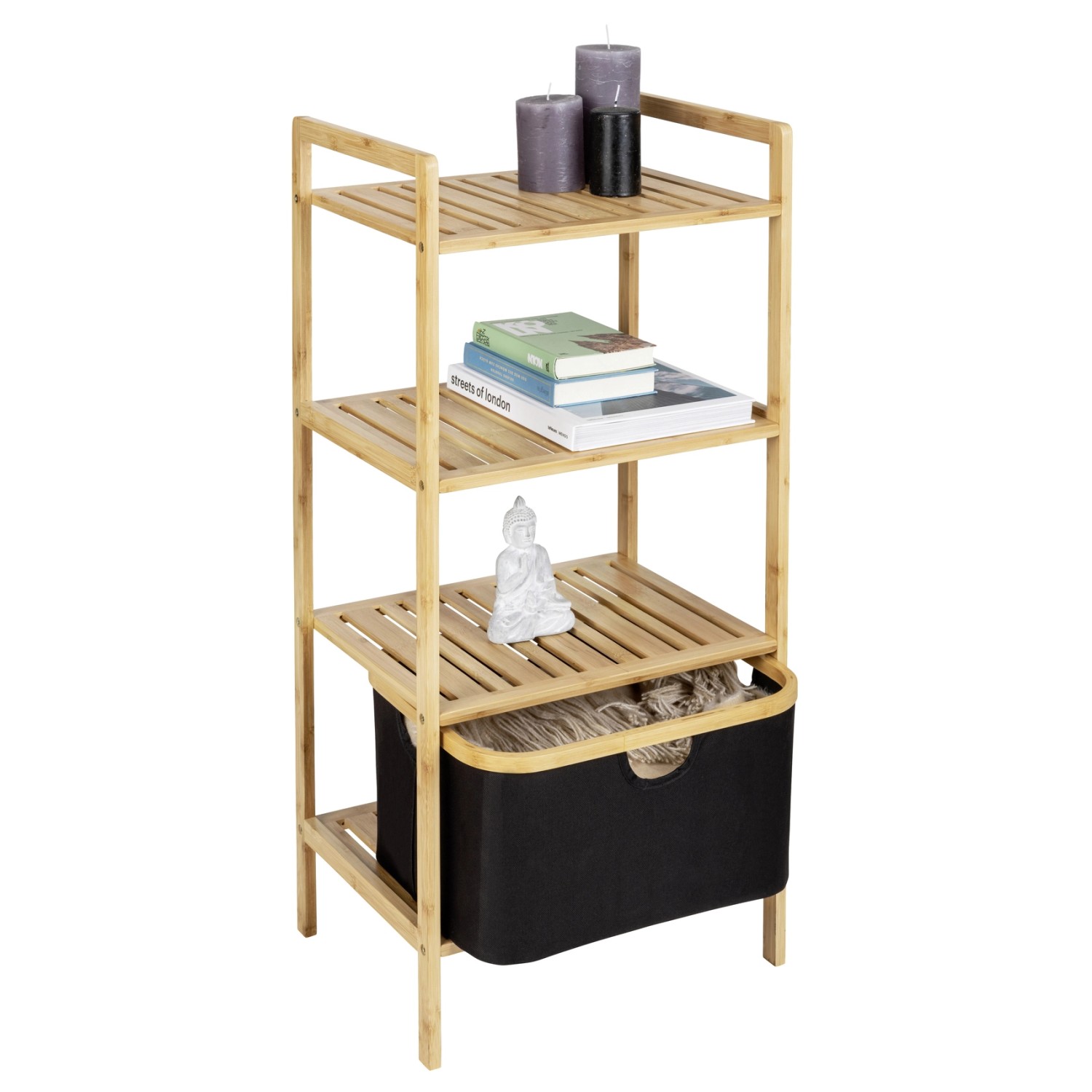 Standregal Ecori mit 3 Etagen, Bambus, Cappuccino, inkl. Korb. Badregal für mehr Stauraum.