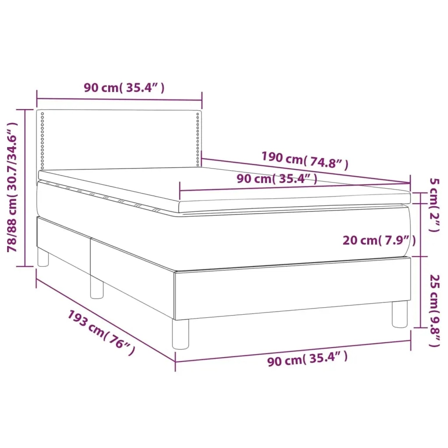 vidaXL Boxspringbett hellgrau 90x190 cm mit Matratze und Kopfteil, Stoffbett mit Maßen.