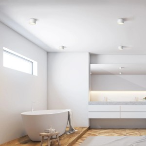 Weißer LED Feuchtraum Deckenstrahler Celi-WX im Badezimmer, warmweißes Licht.