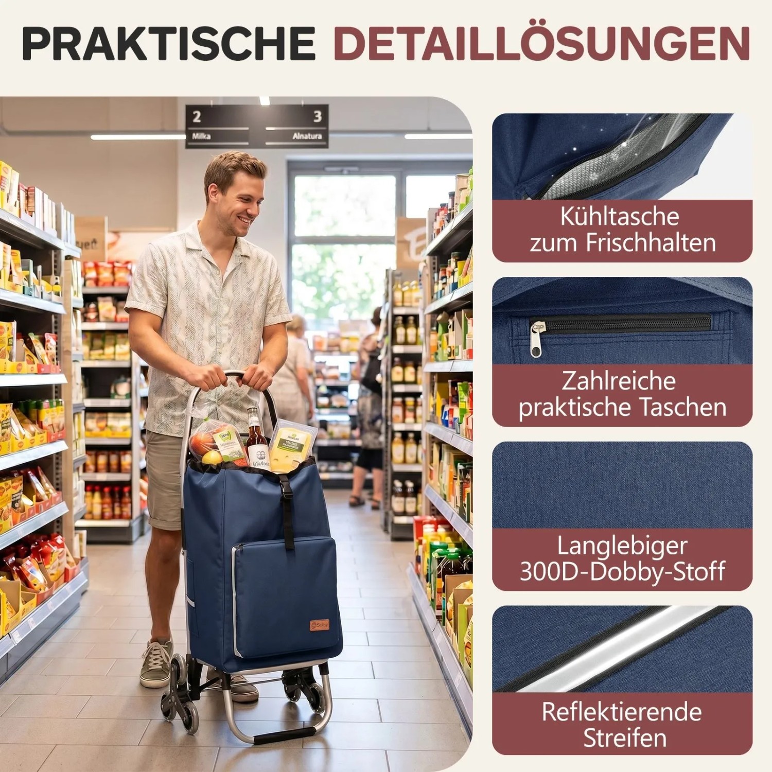 Sekey Einkaufstrolley blau, klappbar mit Kühlfach und Treppensteiger-Funktion.