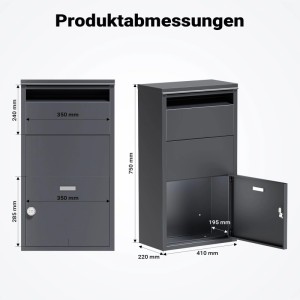 Grauer Wiltec Paketkasten, Standbriefkasten, mit Produktabmessungen. Zeigt Einwurf, Tür und Innenraum für Pakete und Briefe.