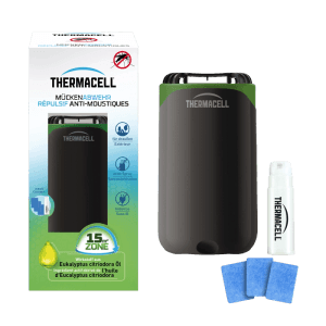 Thermacell Mückenabwehr Protect, schwarz-grün, mit Kartusche und Plättchen für 15m² Schutz.